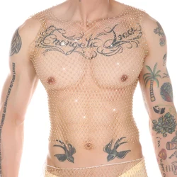 Men See-through Fitness Tank Sexy Rhinestone Fishnet Vest Transparent Muscle Tops Sleeveless T-Shirt Sports Clothing