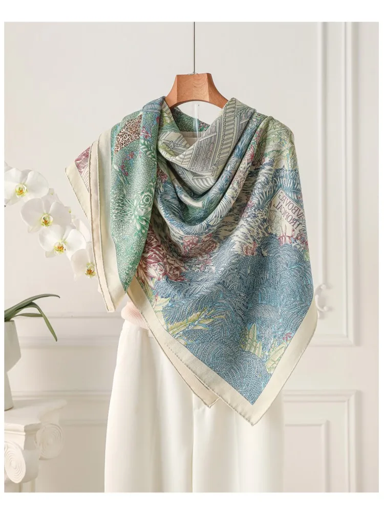 Green silk and wool scarf shawl double-sided differently colored air-conditioned room large square