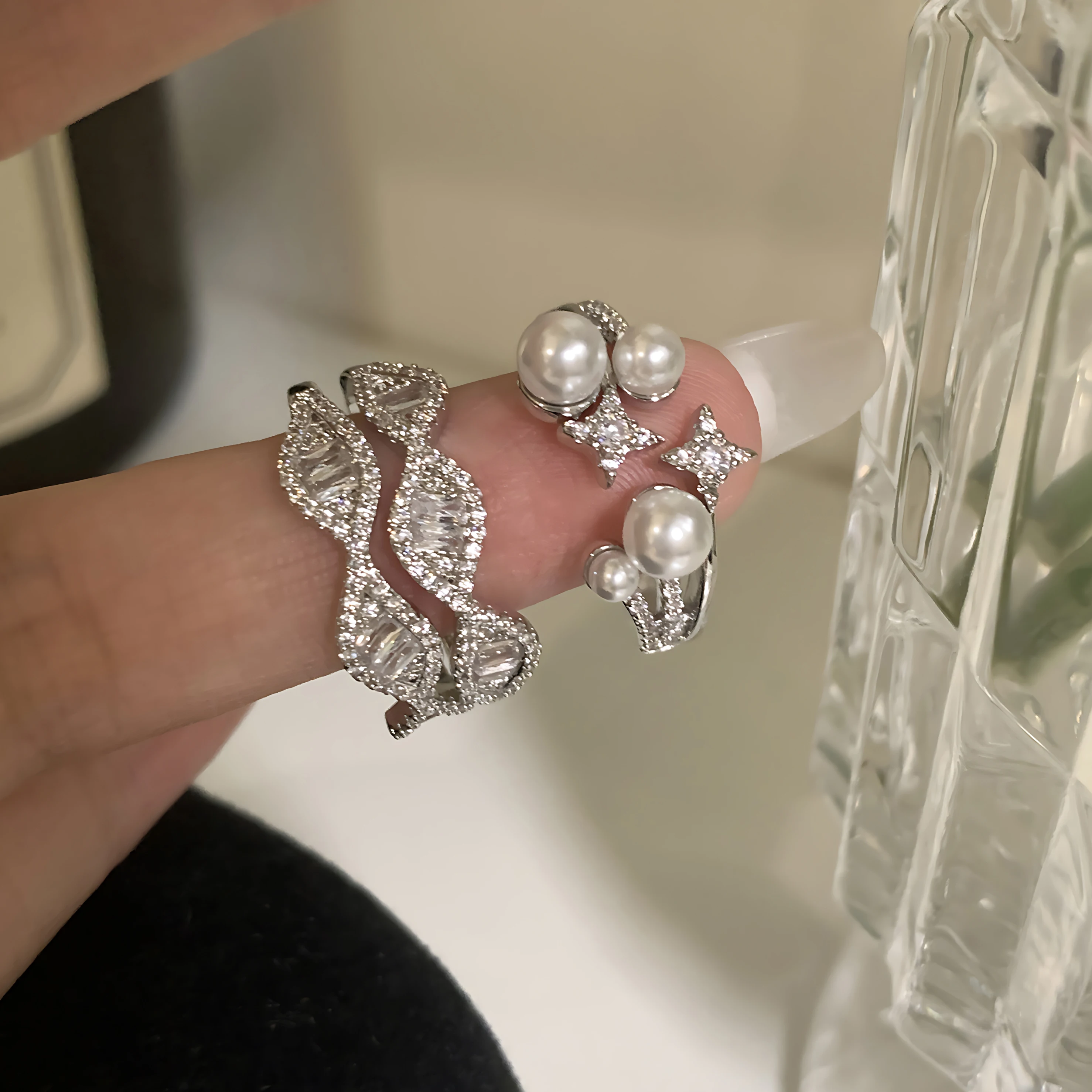 

Sam Panda 925 Sterling Silver Zircon Star Pearl Ring For Women Korean Aesthetic Luxury Trend Aesthetic Jewelry Gift Dropshipping