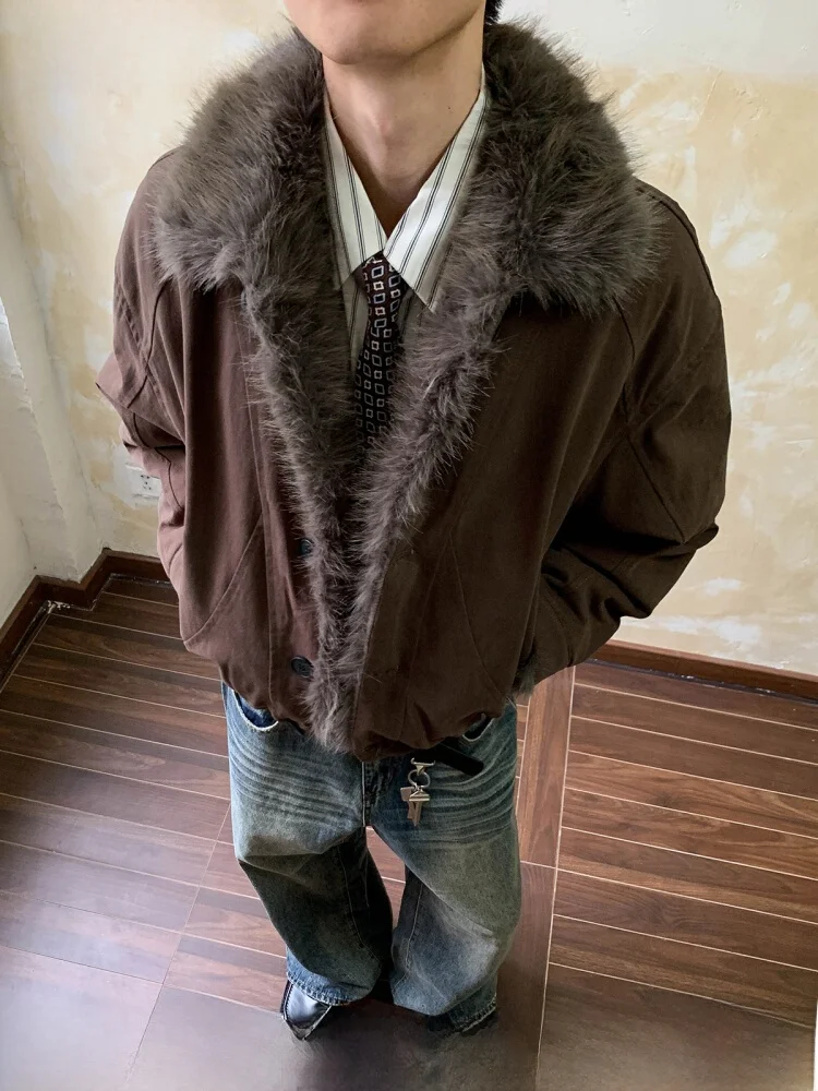 

American Retro Thiened Cotton Jaet Men's Winter Warmth High-End Feeling Cleanfit Fur Collar Coat Long Sve Regular Fit