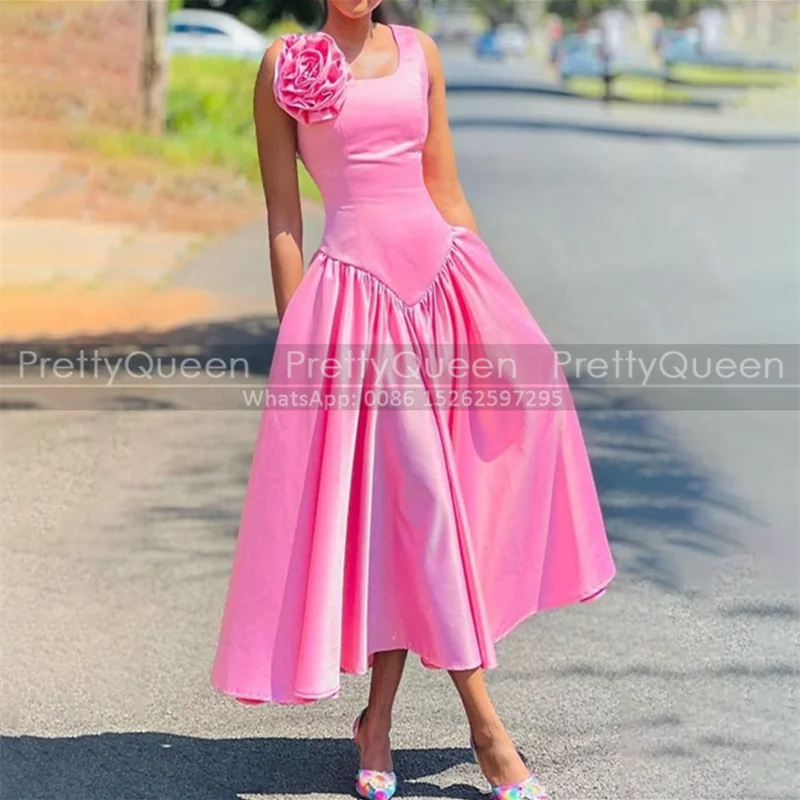 

Pink A Line Bridesmaid Dresses Long Flower Spaghetti Straps Customized Tea Length Sleeveless Wedding Party Dress