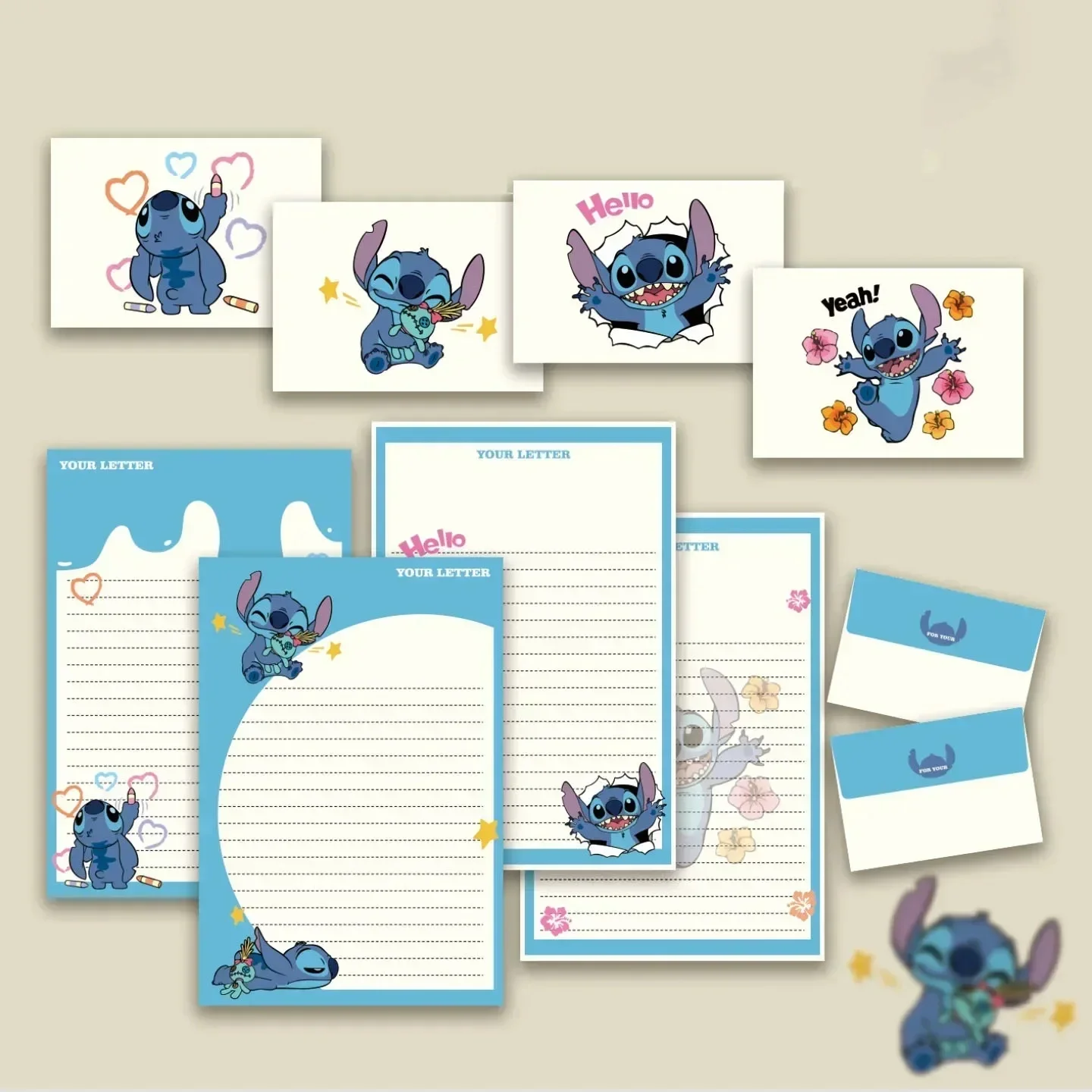 Kawaii Blue Big Ear Cartoon Stationery Set Letter Paper Envelope Greeting Card 4Pcs Cute Student Writing Paper Birthday Gift