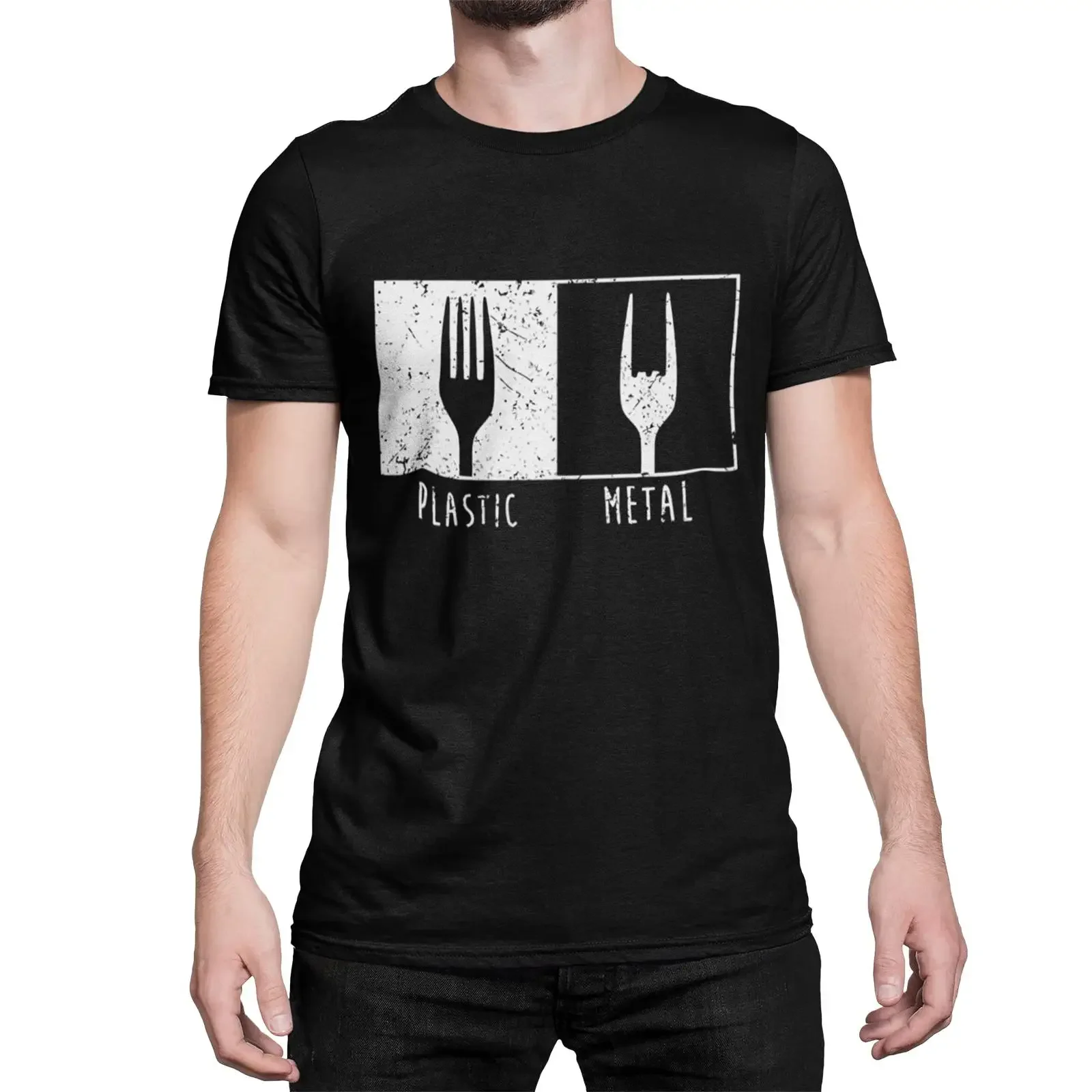 Funny Plastic Vs Metal Fork Heavy Men's  T Shirt Rock Music Festival Band Merch Black Casual Top vintage Washed homme
