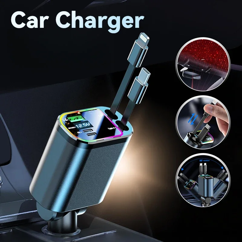 

Автомобильное зарядное устройство 120 Вт с выдвижным кабелем USB-C Lightning Starlight для быстрой зарядки в автомобильном креплении на потолок для телефонов iPhone и Samsung