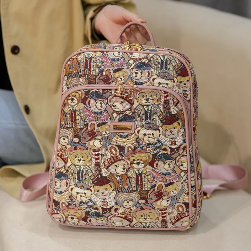 

bear Jacquard Girl school Bag Woman's backpack Large capacity learner HI-Q laptop backpack bag female College student backpack