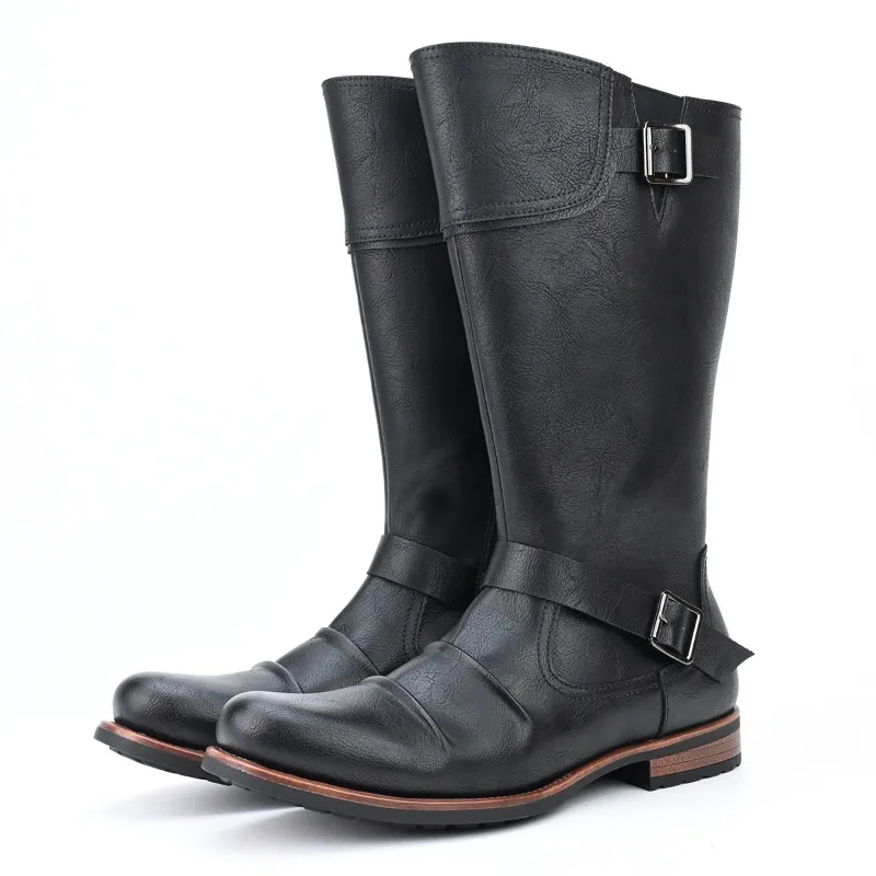 Men's Knee-High Boots Retro Western Cowboy Boots Pleated Design Long Tube Boots Brand Casual Leather Boot Motorcycle Knight Boot