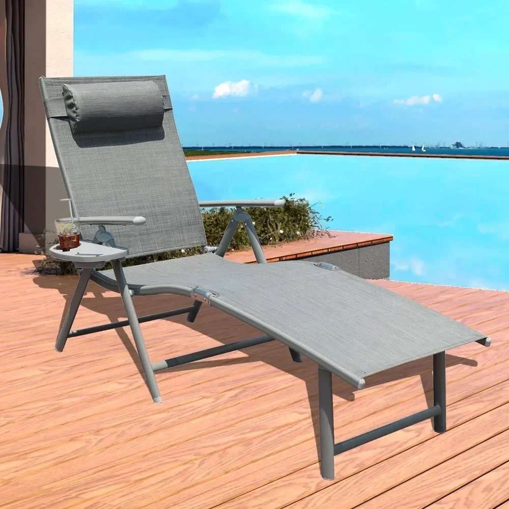 Outdoor Folding Reclining Adjustable Patio Chaise Beach Chairs with Pillow for Poolside Backyard and Beach Beige Beach Chairs