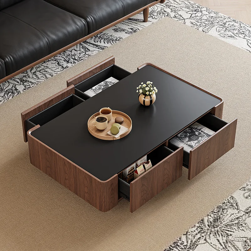 Medieval rock slab coffee table rectangular storage walnut color large capacity storage Nordic modern simple small apartment