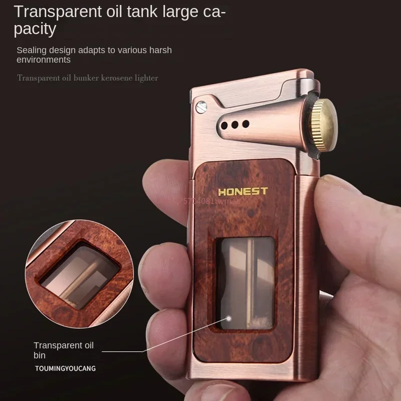 Original HONEST Kerosene Lighter One-click Ejection Ignition Large Capacity Oil Tank Retro Wood Grain Lighter Men\'s Gift