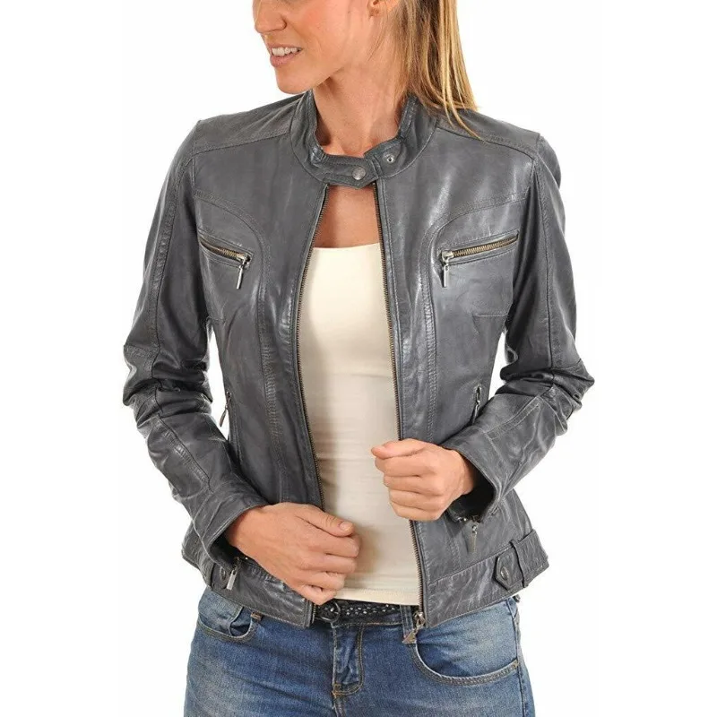 Women Genuine Lambskin Real Leather Jacket Gray Designer Biker Stylish Coat