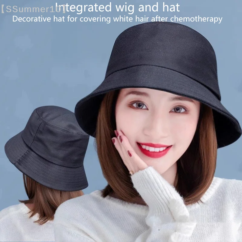 【SSummer10】Bucket Hat with Synthetic Short Straight Bob Hair Cap - Fashion Fall Autumn Wig Clip On Hair Extension for Women【SS】