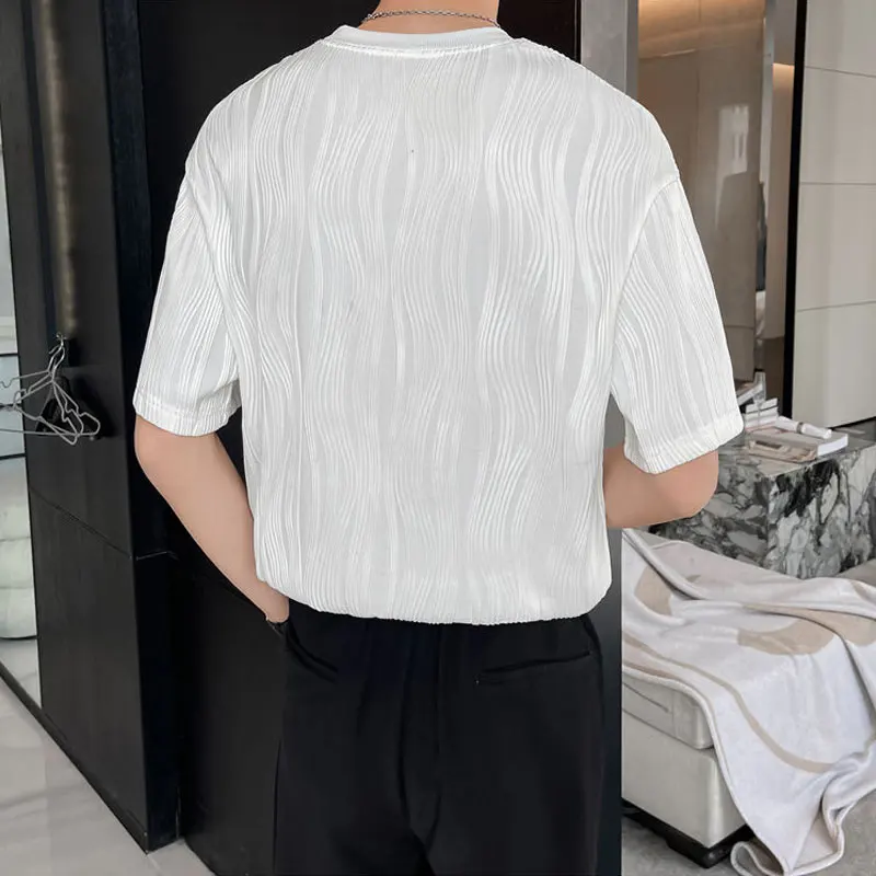 Basic Wave Cut O-Neck T-shirts Men's Clothing Solid Color Casual 2025 Summer New Fashion Short Sleeve Korean Spliced Pullovers