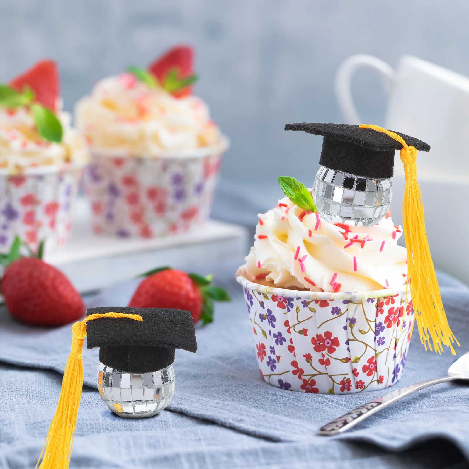 

10 Pcs Graduation Hat Disco Cap Cupcake Toppers Decorations Small Paper Ornament Felt Cloth Chocolate Bride