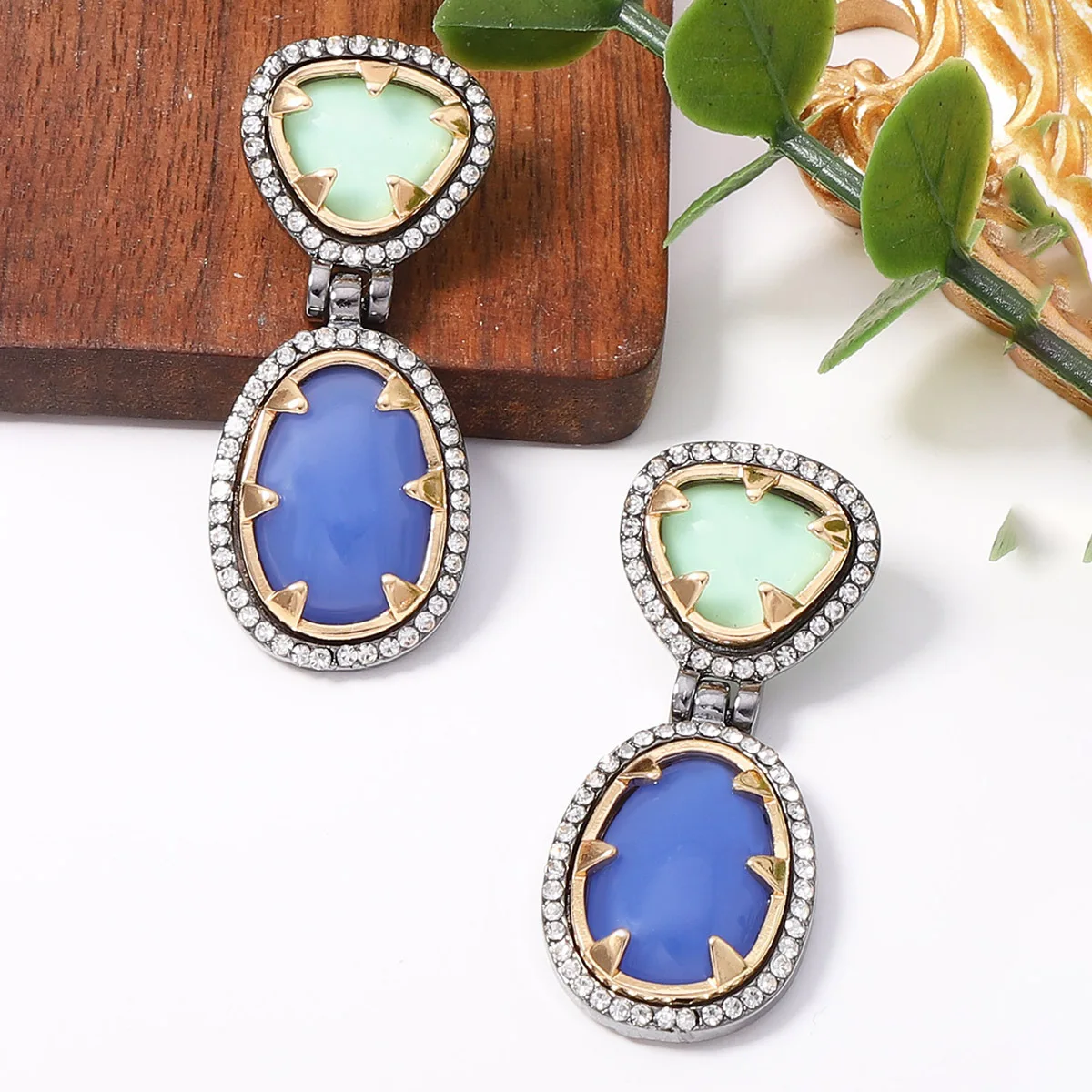 Vintage Blue Green Collision Colors Resin Geometric Gem Earrings For Women Fashion Ears Accessories Jewelry Gifts Party Banquet
