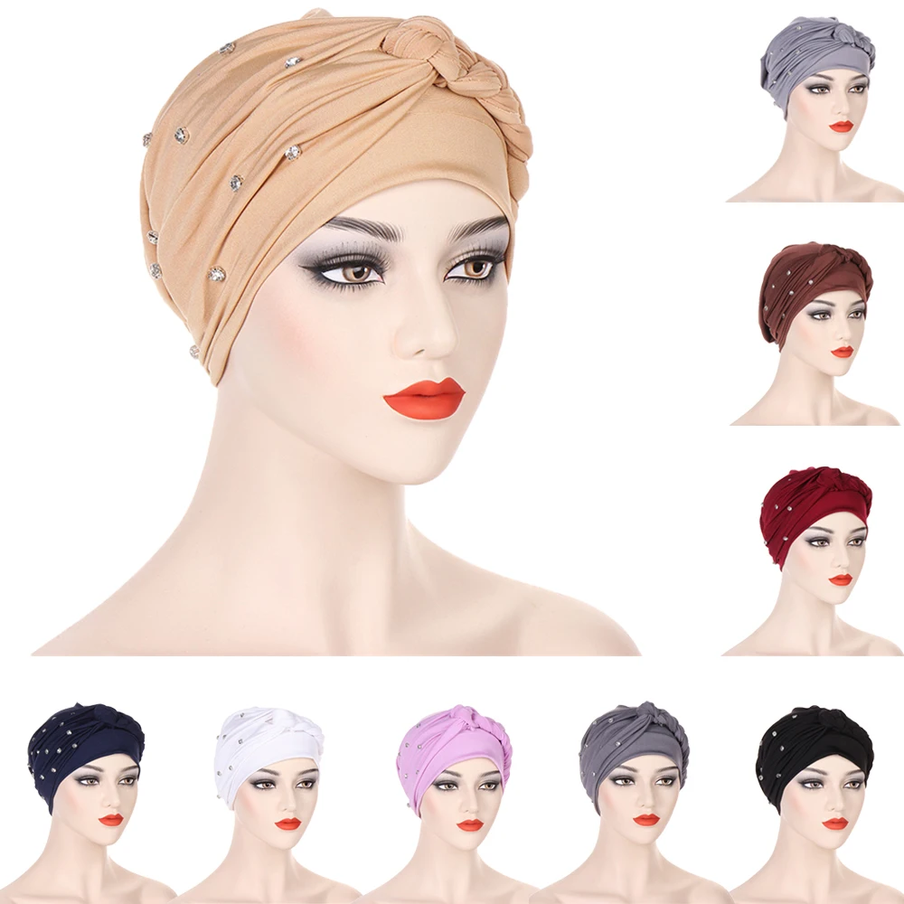 Diamonds Ladies Muslim Hijab Turban Braids Beanies Indian Chemo Cap Head Wrap Scarf Hair Loss Hat Cover Bonnet Femme Cancer Caps