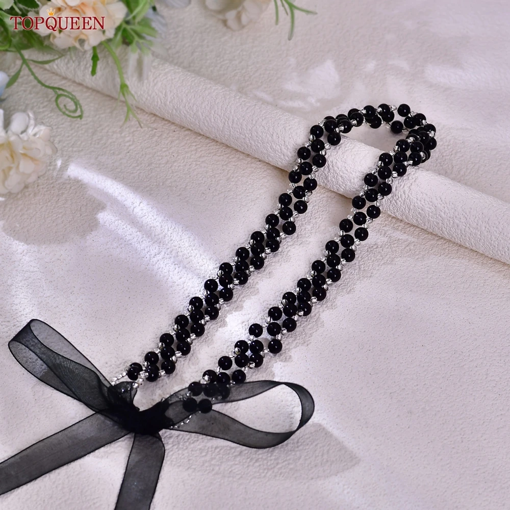 TOPQUEEN Black Imitation Pearl Bridal Belt Handmade Beaded Wedding Sash Women's Clothing With Prom Dress Accessories S34