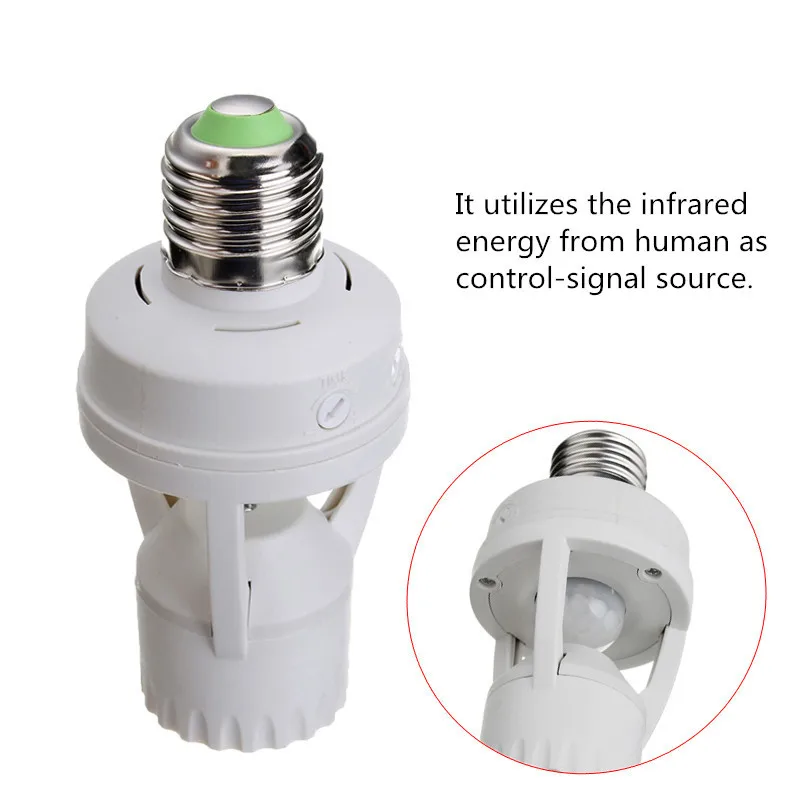 E26 E27 PIR Motion Sensor Light Socket Adapter  PBT Time and Daylight Control Smart Switch Bulb Holder 100W Max Factory Supply