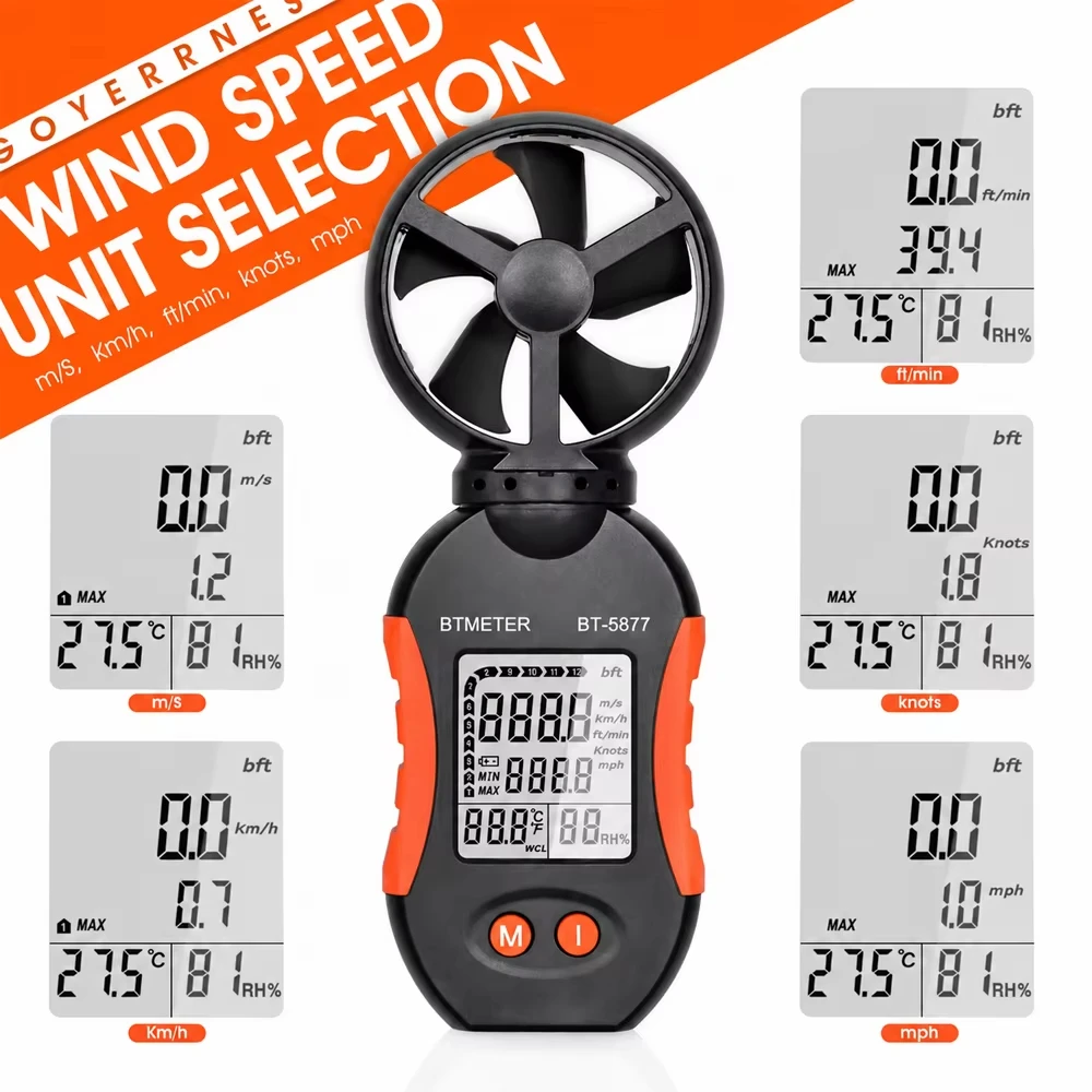 Digital Anemometer Handheld Wind Speed Meter Temperature Humidity Tester Portable Wind Gauge MAX MIN m/s km/h Knots MPH Foldable
