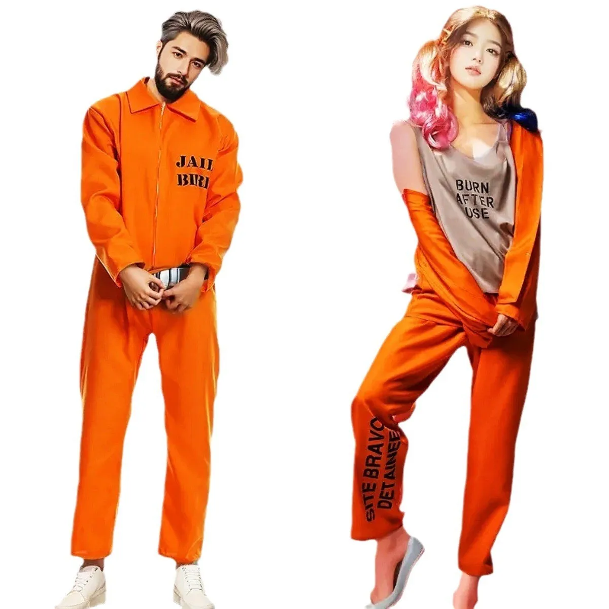Halloween Prisoner Role Play Costume Men's Women's Couple's Orange Prisoner Outfit Party Performance Chinese Traditional Stag...