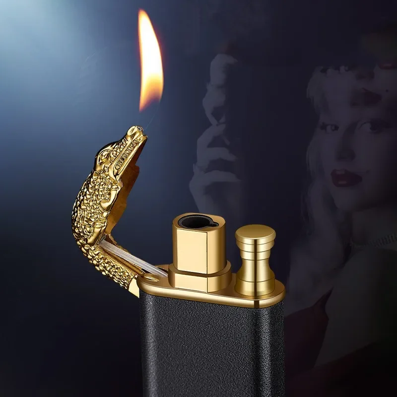 Metal Outdoor Windproof Butane Gas Lighter Dual Fire Conversion Blue Flame Metal Crocodile Unusual Lighter Creative Gift for Men