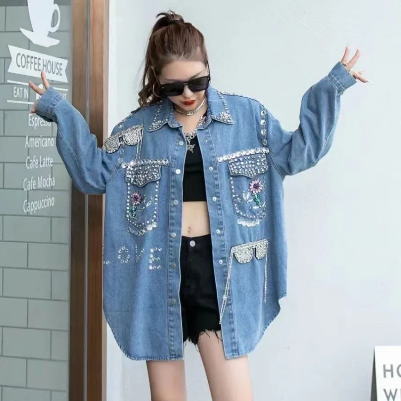 Luxury Women Diamonds Floral Beads Denim Shirts Coat Glasses Fringed Rhinestones Rivets Jeans Bomber Jacket Crystal Outwear Tops