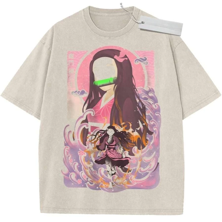 

Unisex Beige Washed Vintage T - Shirt Demon Slayer Nezuko Kamado Fan Art Japanese Pattern High - Quality Fabric for Casual