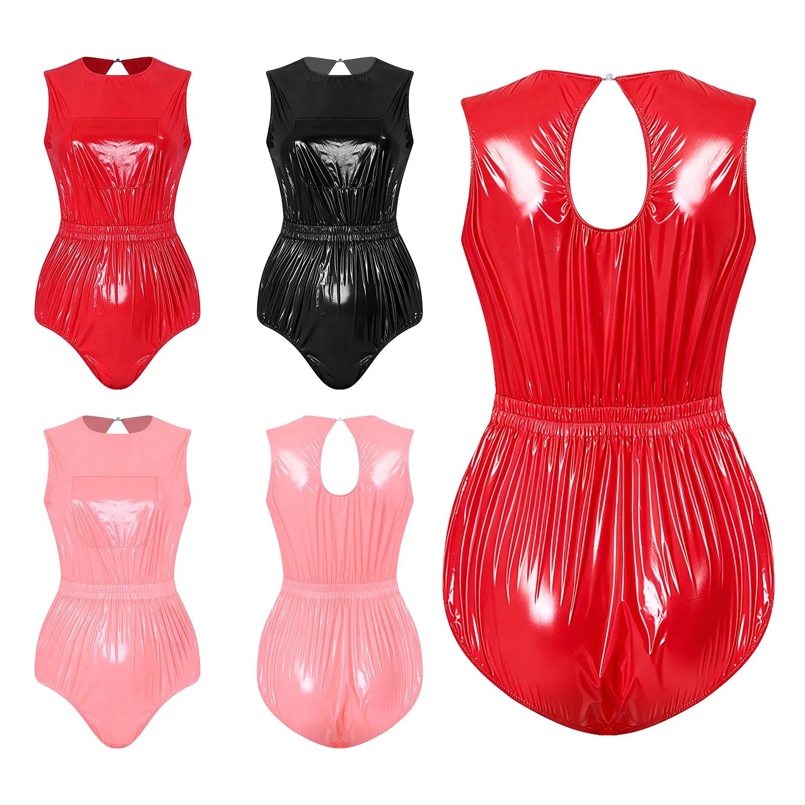 Women One-piece Swimsuit Waterproof Bodysuit Diaper Cover Swimsuit Crotch Buttons Pocket Romper Jumpsuit Rave Clubwear Swimsuit