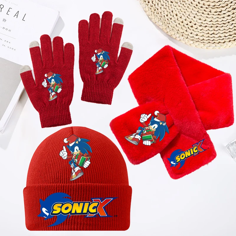 

3PCS Sonics Christmas Hat Scarf Glove Set Boys Girls Autumn Winter Outdoor Warm Mittens Caps Neckerchief Anime Christmas Gifts
