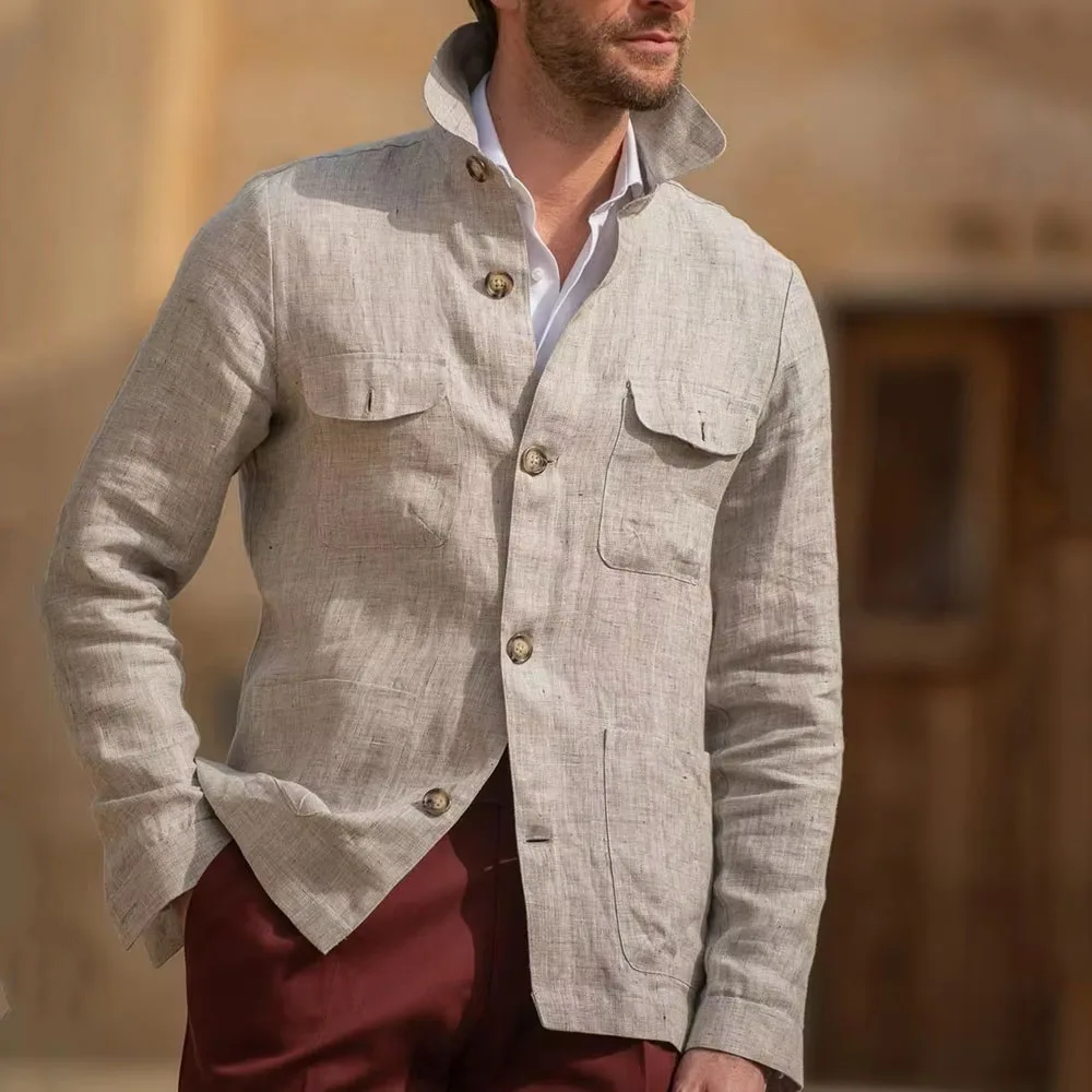 Vintage Men's Linen Safari Blazer Stand Collar Breathable Multi-Pocket Lightweight Casual Jacket Cotton Linen Blend Summer Party
