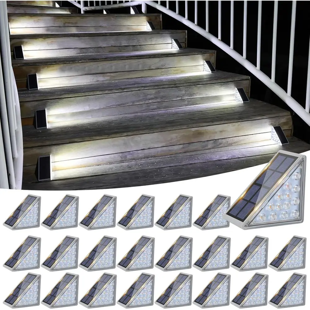 24-Piece Solar Stair Lights, Waterproof IP67, 13 LED Outdoor Step Lighting for Yard, Patio, Porch, and Deck (Cool White)