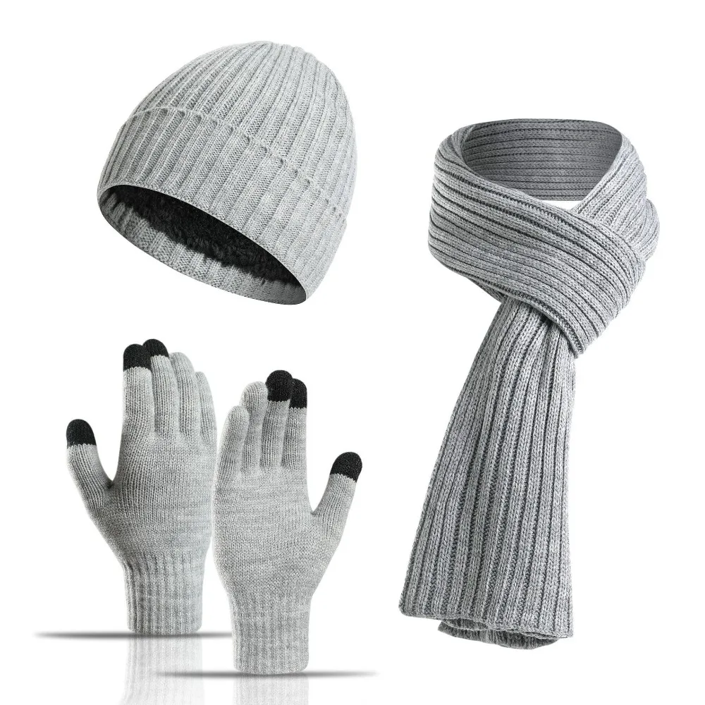 Soft Winter Keep Warm Set Fleece Lining Thicken Beanie Gloves Scarf Knitted Solid Color Unisex Hat Neckerchief for Men Women