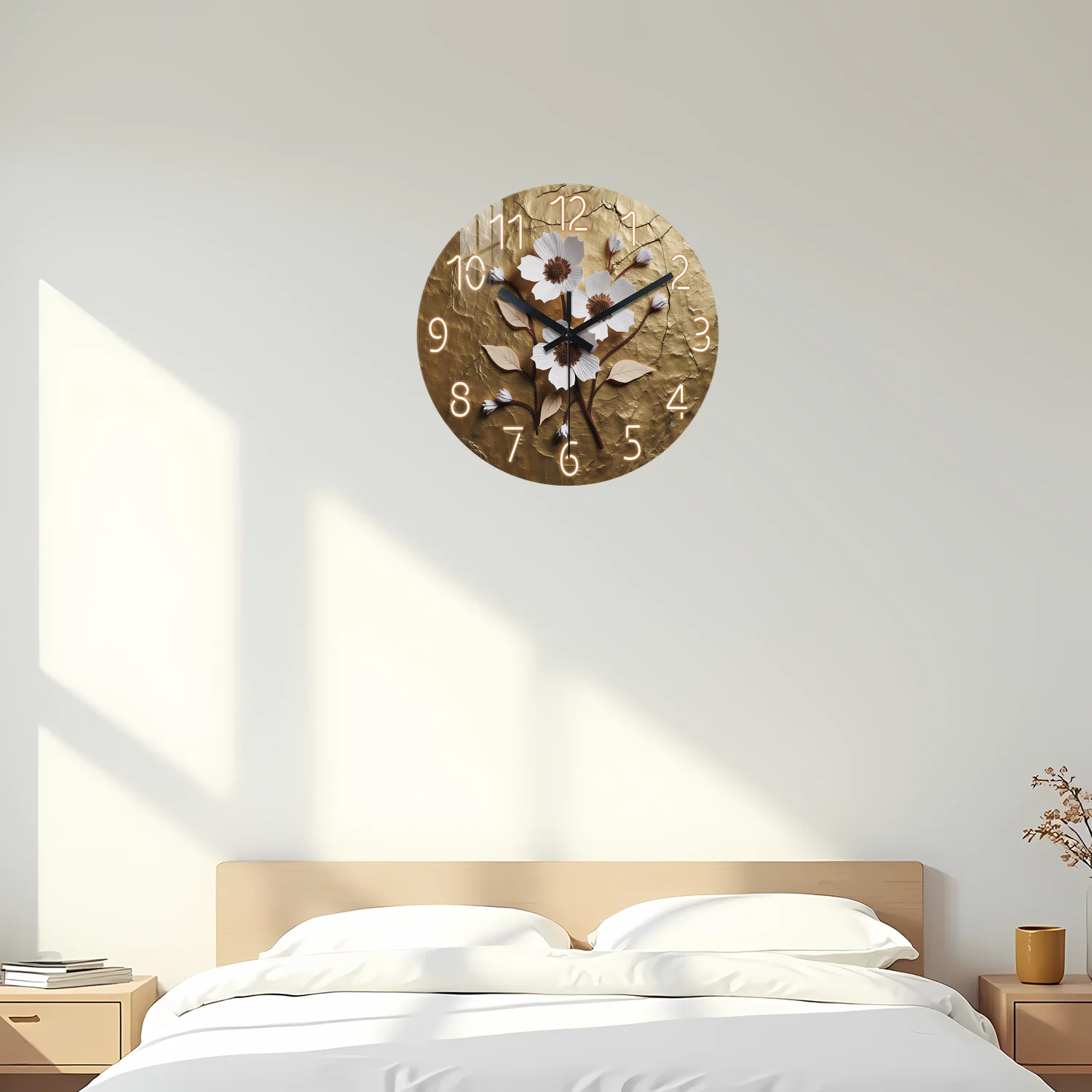 White Floral Gold Foil Texture Wooden Wall Clock, 10-24inch Silent Wall Clocks, Aa Battery Powered, Suitable for Living Room, Bedroom, Office, (Battery Not Included) Mother's Day, Easter, April Fool's Day