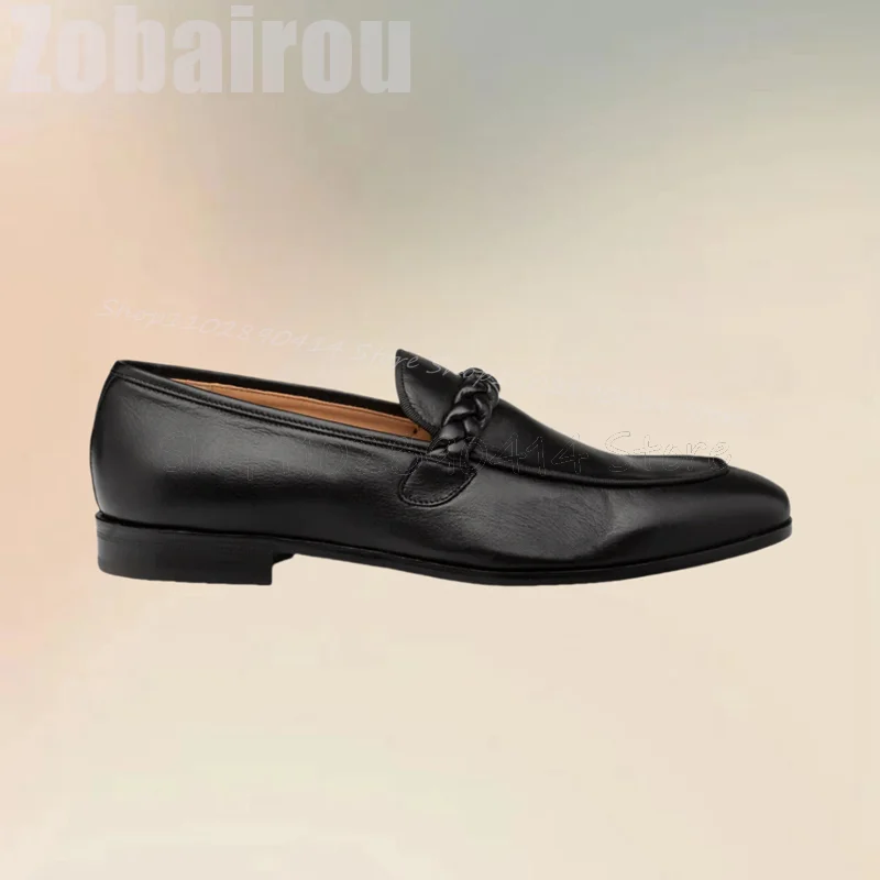 

Black Knitted Leather Rope Sewing Design Men Shoes Fashion Slip On Men Shoes Luxury Handmade Party Office Feast Men Dress Shoes