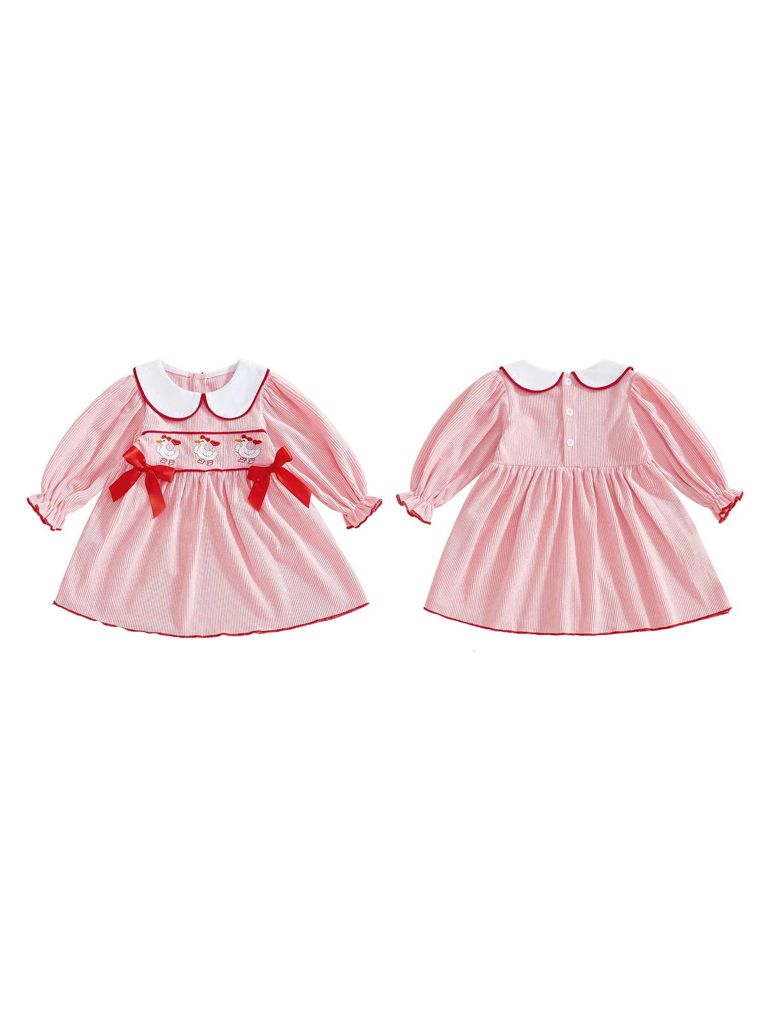 فستان بناتي لعيد الحب بأكمام منتفخة وياقة الدمية وتطريز على شكل فيونكة وتفاصيل على شكل حرف A وصورة ظلية مخططة