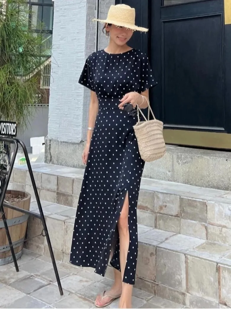 South korea Chic Summer Retro Age-Reducing round Neck Slim fit Slimming Mid-Length Side Slit Short sleeve Polka Dot Dress Women