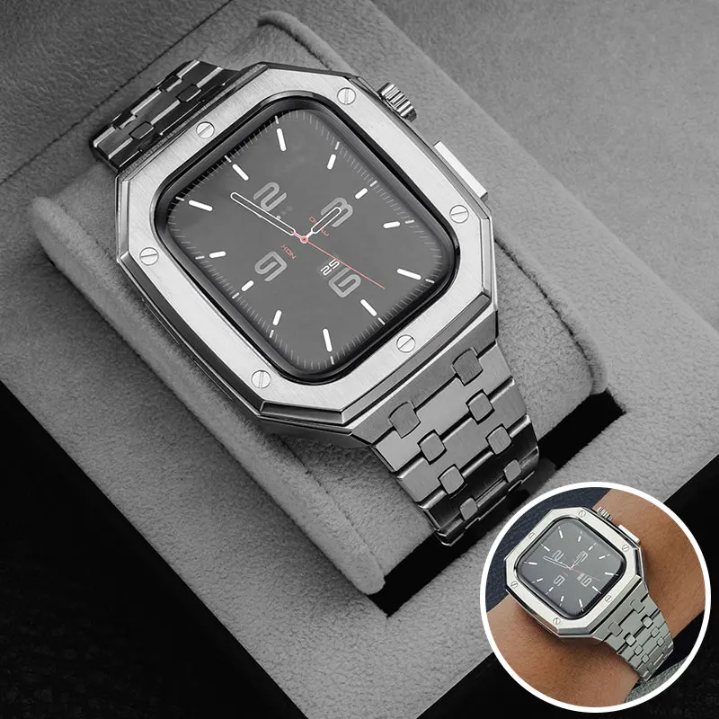 الفاخرة الفولاذ المقاوم للصدأ تعديل طقم عصري لساعة أبل 11 10 9 8 7 46/45/41 مللي متر حافظة معدنية ل iWatch 6 5 4 SE 44 40 الفرقة مجموعة