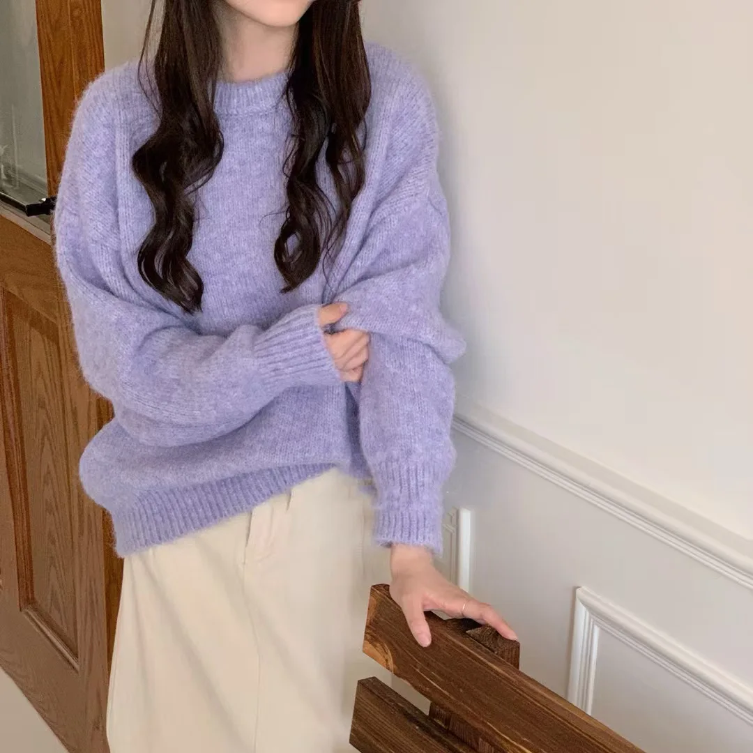 

Корейский стиль, весенняя мода, женские свободные однотонные повседневные модные простые вязаные пуловеры с круглым вырезом и длинными рукавами, женский свитер