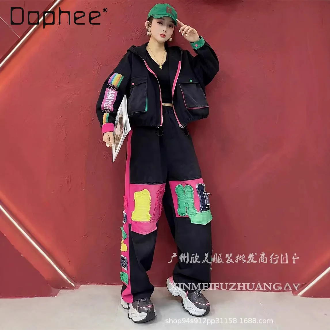 

European Station Casual Style Two-piece Sets 2026 New Retro Patchwork Color Hooded Denim Jacket Straight Jeans Fashion Outfits