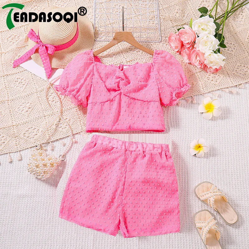 8-12Y Children Girls Clothes New Summer Suit Short Puff Sleeve Jacquard Prints Top+Elastic Shorts Pants Casual Kids 2Pcs Set