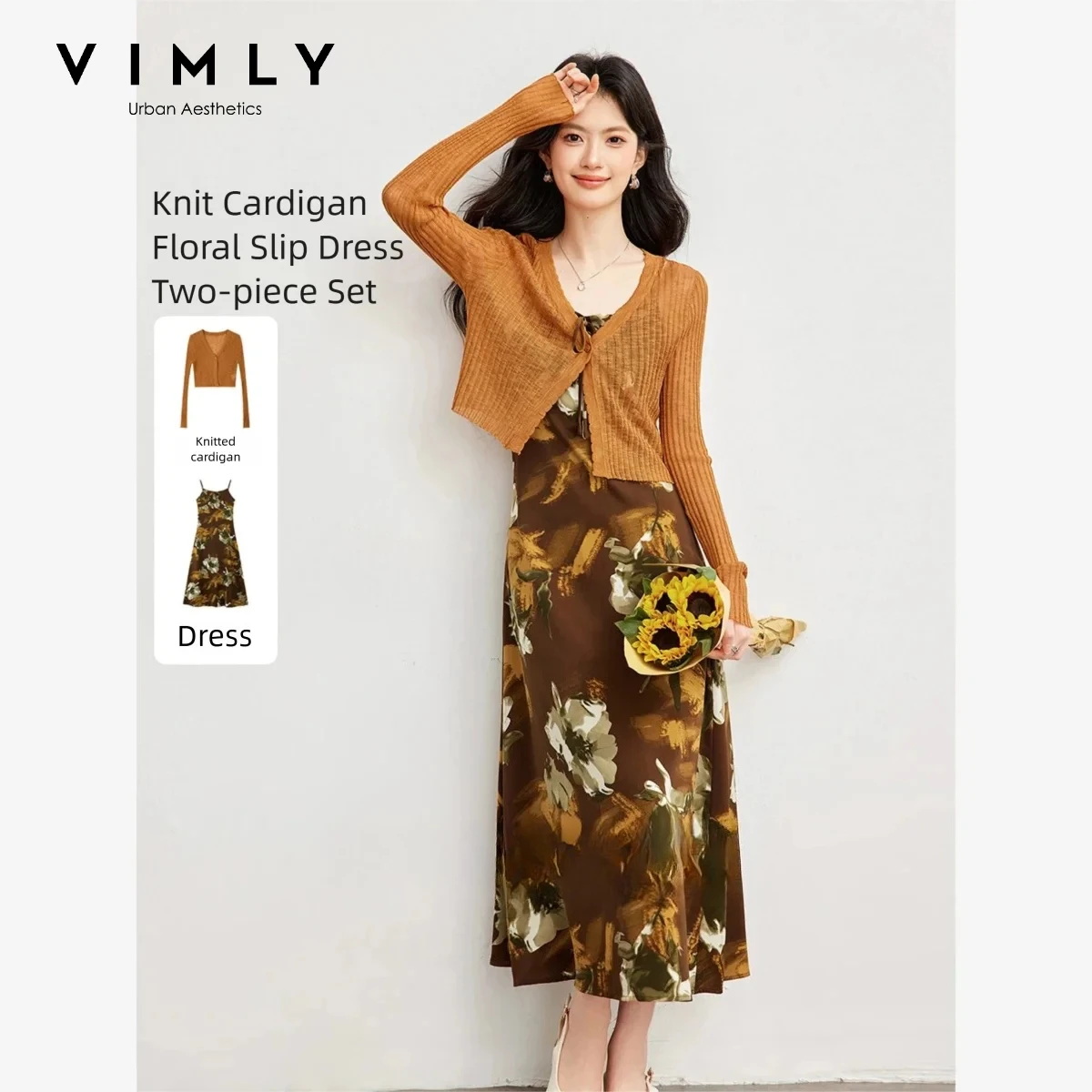 VIMLY Women's French Pastoral Vacation Two‑piece Set 2026 Autumn Knit Cardigan Floral Slip Dress Elegant Matching Outfit 31822