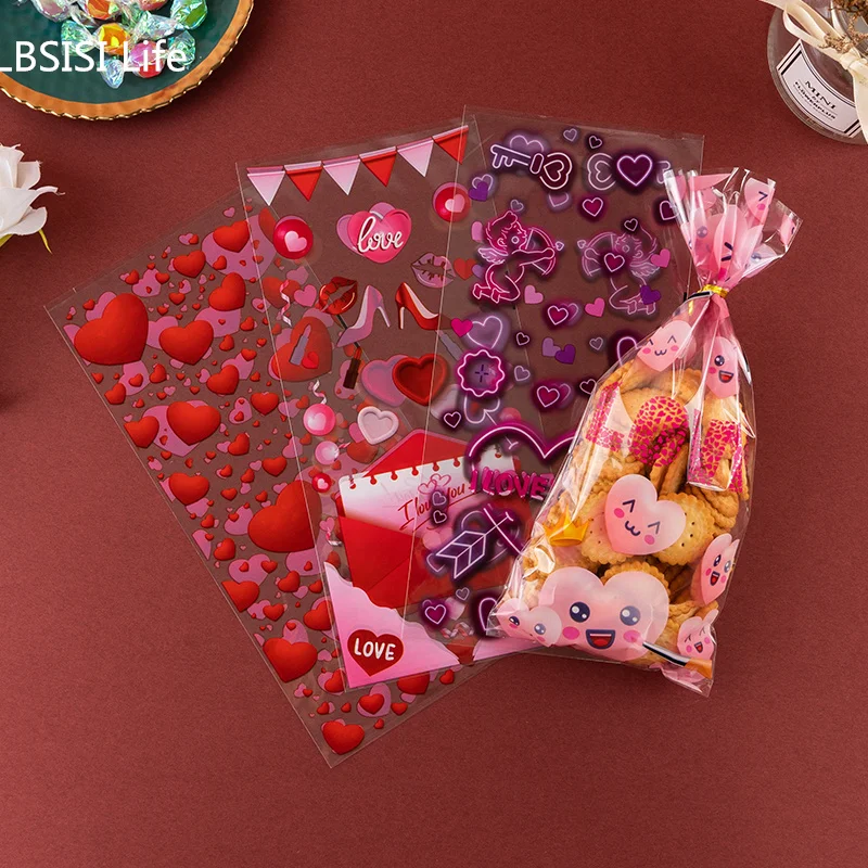 LBSISI Life-Transparent Peach Heart Packaging Bag Red  Valentine's Day Candy Bag Chocolate Wedding Party Decoration Wish 100Pcs