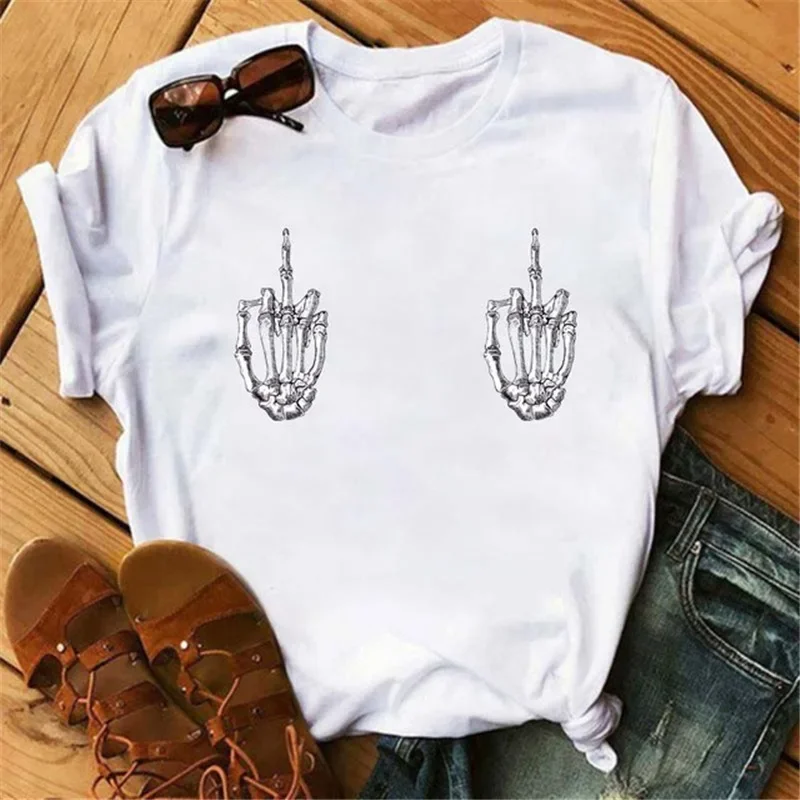 Middle Finger Print T Shirt Women Short Sleeve O Neck Loose Tshirt Summer Women Causal Tee Shirt Tops Camisetas Mujer