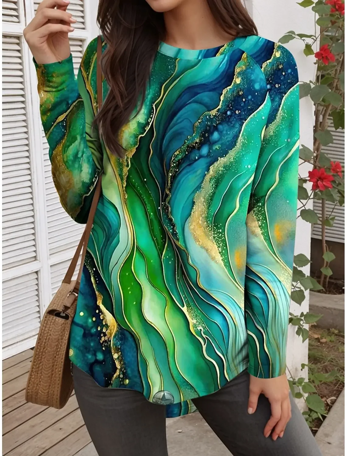 Spring and Autumn Fashion Women Tee Gradual Color Changing Printing O-Neck Long Sleeve T-Shirt Y2K Casual Tops Harajuku Pullover