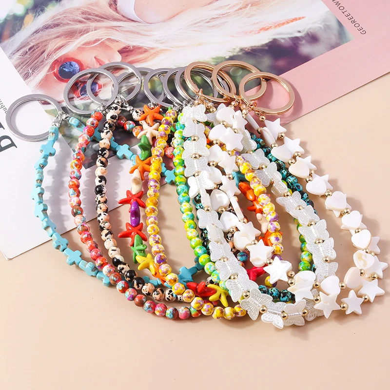 Colorful Handmade Bead Bracelet Keychain wristlet Key Ring Pendants for Women Girls Handbag Decor DIY Jewelry Accessories