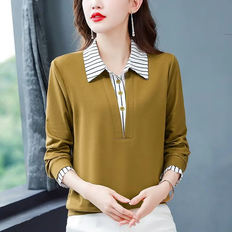 Spring Summer Tee Shirt Women\'s Clothing Long Sleeve Loose Turn-down Collar Striped Button Patchwork Elegant Fashion Casual Tops