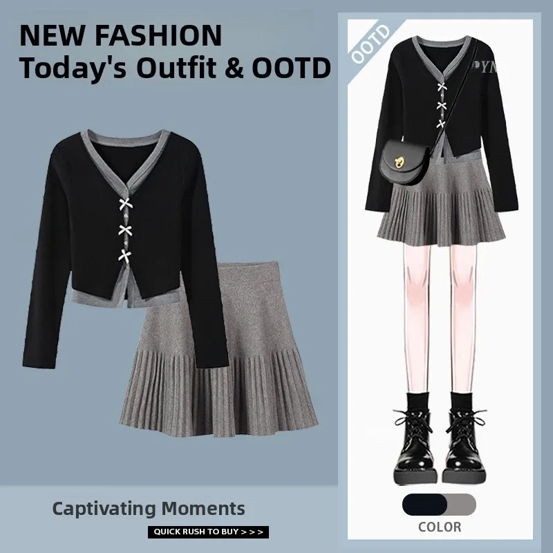 Koreaanse Sle Lange Sve Gebreide Top En Rok Set Afslanken Geplooide f-lengte Tweedelige Ensemble Herfst Faion Outfit