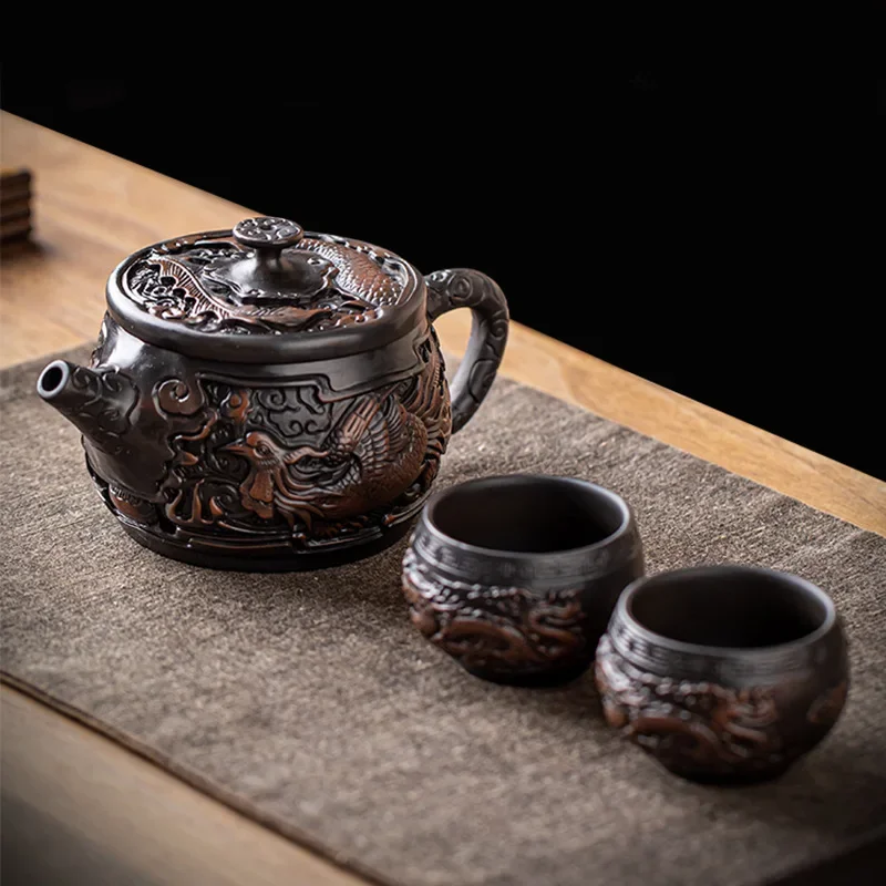 Unique Designer Handmade Gift Cool Purple Pottery Travel Tea Set Kung Fu Teapot Single Hand-carved Ceramic Gift Box Light Luxury