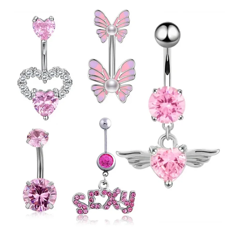 5PCS Pink Crystal Belly Button Rings Set Purple Heart Navel Piercing Bulk Green Flower Belly Rings Packs Piercing Ombligo Lots
