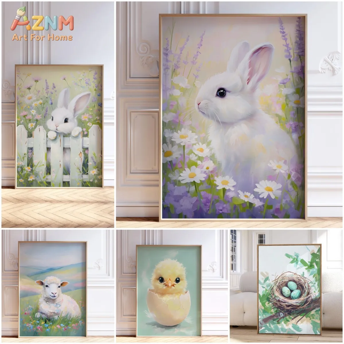 AZNM Cute Spring Animal Canvas Print White Rabbit Lamb Chick Bird Nest Wildflower Watercolor Unframed Canvas Wall Art Kids Nurse