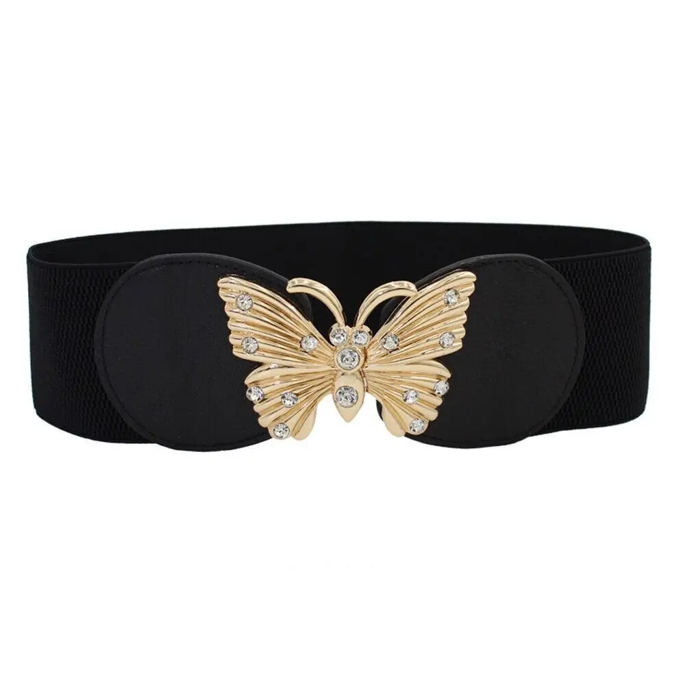 Fashion Big Size Waistband Belt Rhinestone Metal Buckle Wide Waist Belt Black Elastic Wide Belt Women